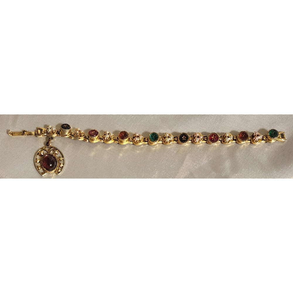 VTG Art Pepper  Gold Tone Horseshoe Charm Bracelet Faux Pearl Cabochon READ - Picture 9 of 11